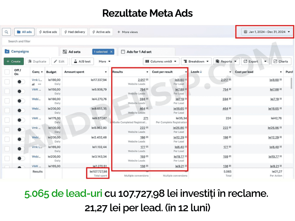Rezultat campanie Meta Ads pentru client 10